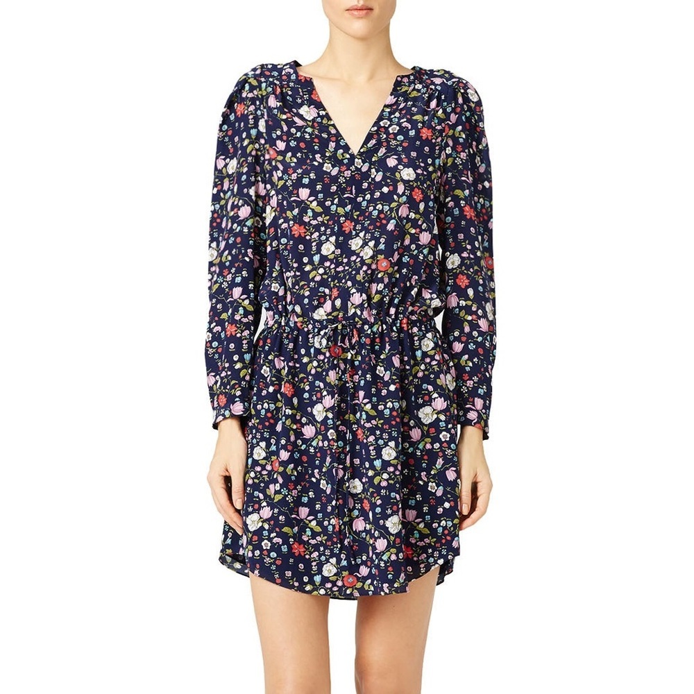 Rebecca Taylor NYC Tapestry Garden Print Silk Tie Waist Long Sleeve Dress EUC 4